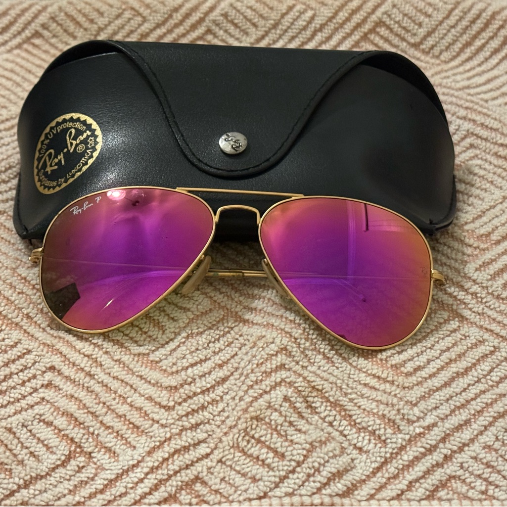 Ray-Ban Gold Aviator Sunglasses With Pink-Purple Mirror Lenses
